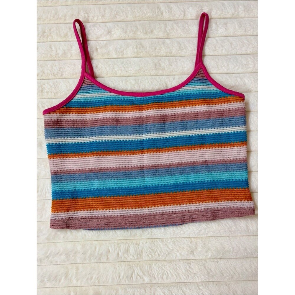 Striped Knit Spaghetti Tank Top - Pink & Multicolor Women’s Summer Knitted Fit